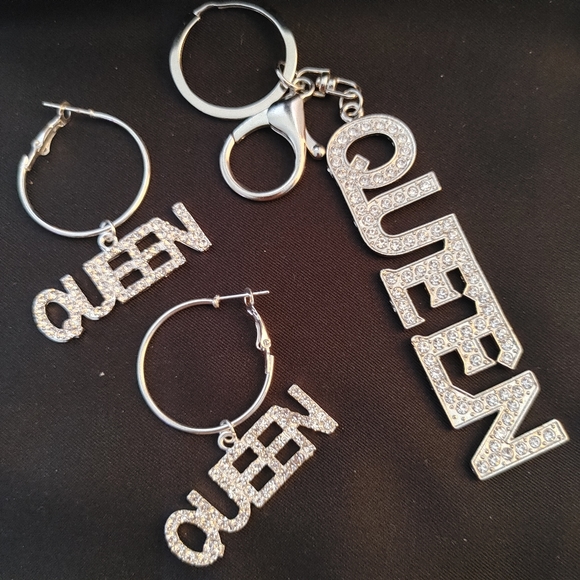 Accessories - Silver Crystal QUEEN Earrings and Purse Keychain